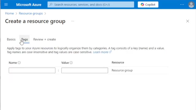 Creating a resource group with the Tags tab