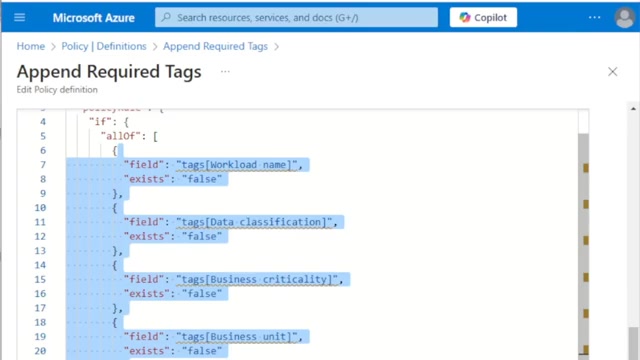 Append Required Tags policy rule JSON